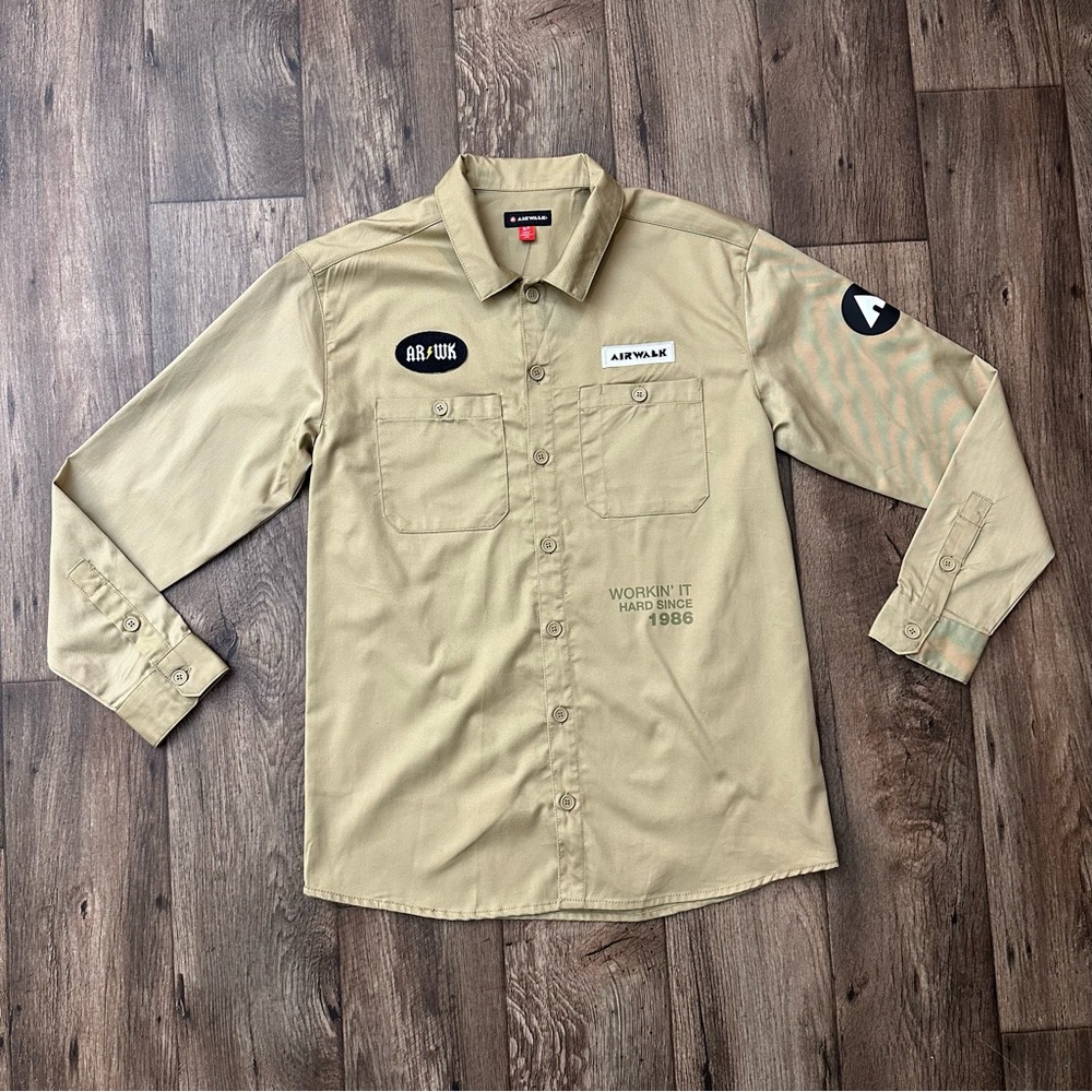 AIRWALK Patch Garage/Mechanic Button Up Long Sleeve Work Shirt Size S Beige